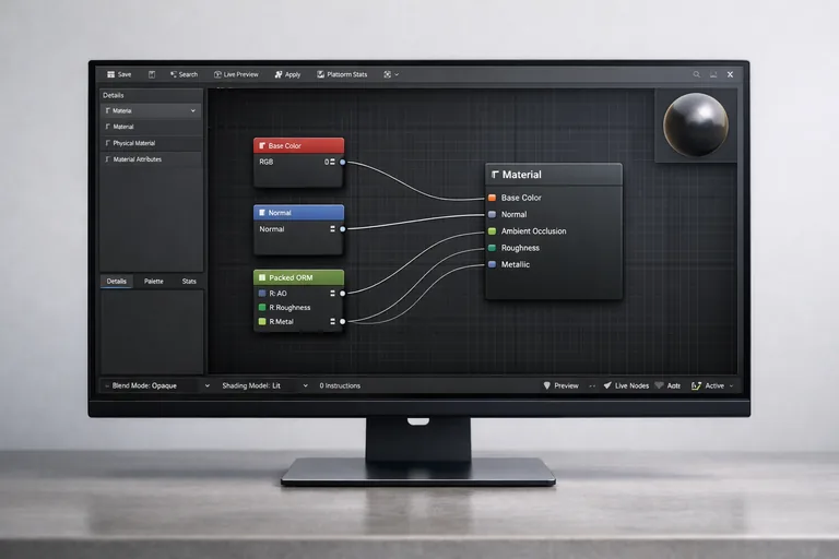 Engine içinde maske kanallarının doğru eşlendiğini gösteren materyal düğümleri ve harita bağlantıları