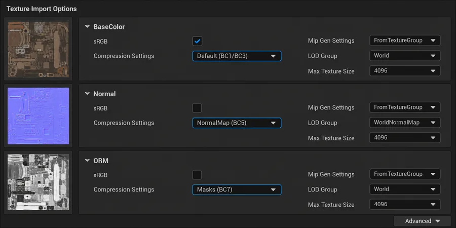 Unreal Engine texture import options dialog with sRGB and Normalmap compression settings highlighted