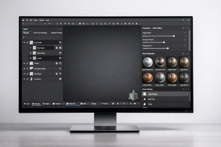 Katmanlar ve maskelerle materyal ayrımı kurulan bir Substance 3D Painter projesi panel görünümü