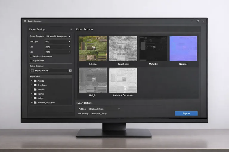 Export preset ekranında PBR haritalarının kanal düzeni ve hedef motor uyumluluğu kontrol edilen ayarlar