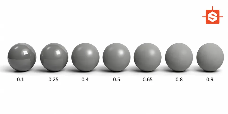 Roughness değer skalası yedi materyal kürede 0.1 ile 0.9 arası kademeli dağılım