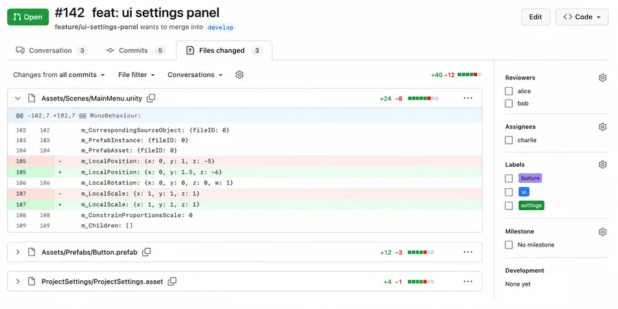 GitHub Pull Request sayfası Files changed sekmesi unity scene prefab YAML diff blokları
