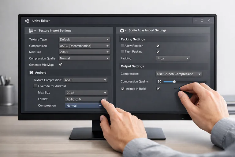 Texture sıkıştırma ve atlas ayarlarıyla RAM tüketimini düşürmeye odaklanan Unity proje ekranı