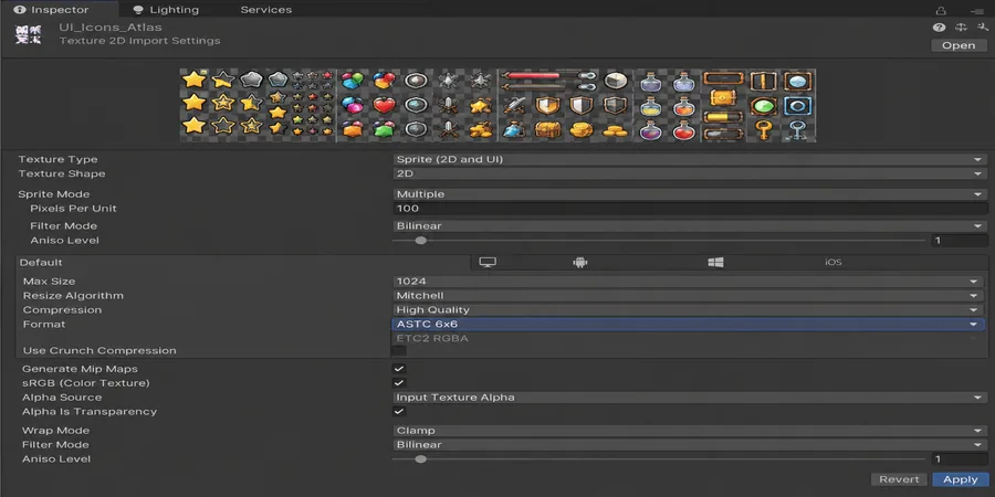 Unity Texture Import Settings paneli ASTC ETC2 sıkıştırma formatı ve Max Size çözünürlük dropdown