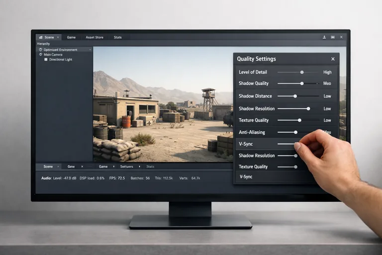 Sahne görünümünde gölge mesafesi ve ışık sayısı azaltılarak GPU yükünün düşürüldüğü bir oyun ortamı