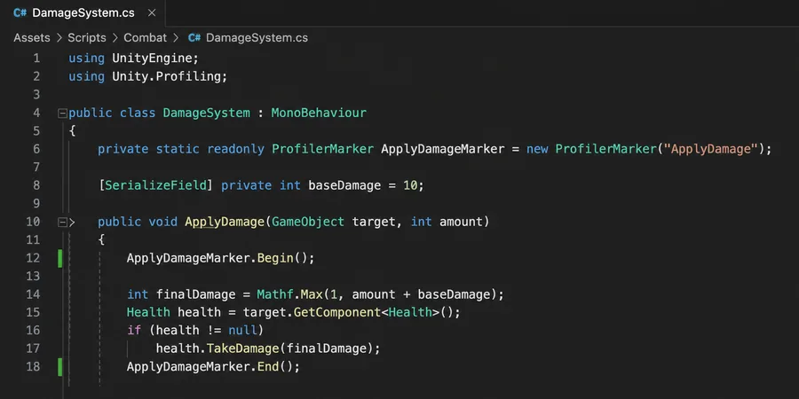 Visual Studio kod editörü ProfilerMarker tanımı ve Begin End satırları C# script görünümü
