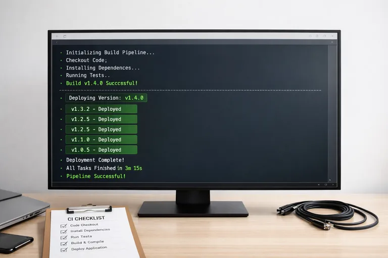 Build otomasyonu ve sürüm çıktısı akışını temsil eden terminal ekranı, görev listesi ve ekip koordinasyonu