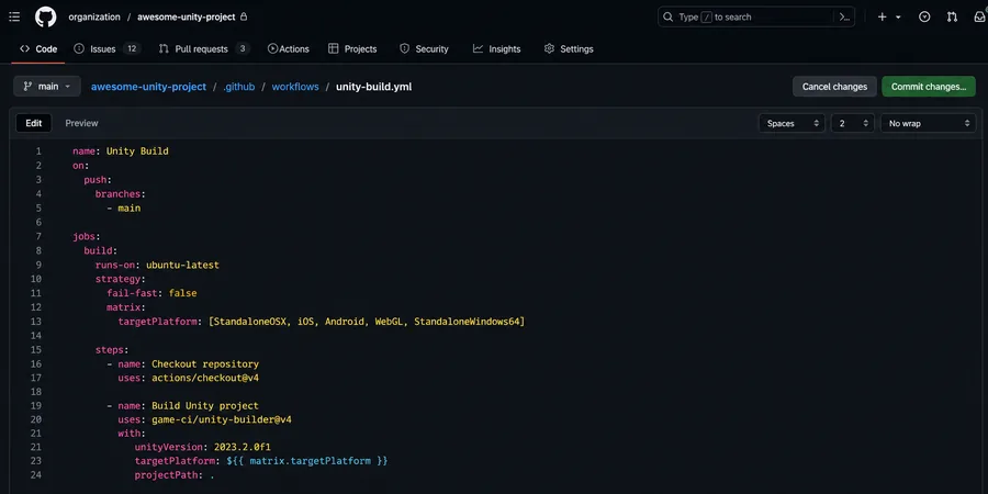 GitHub Actions YAML workflow dosyası unity build job steps checkout setup-unity build matrix iOS Android WebGL