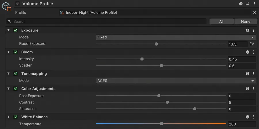 HDRP Volume Profile inspector paneli Exposure Bloom Tonemapping Color Adjustments override checkboxları