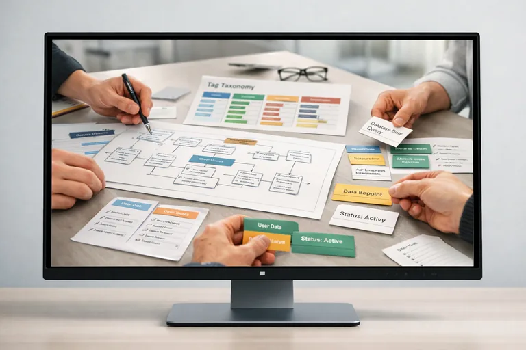 Veri odaklı tasarımı anlatan bir masada, şema kartları ve etiket temelli kuralların planlandığı bir düzen