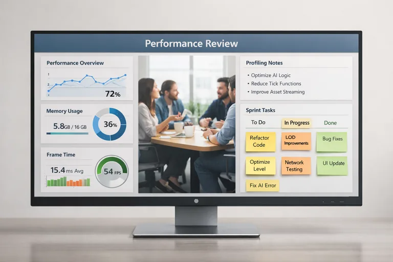 Performans izlemenin önemini anlatan bir ekranda grafikler, notlar ve görev kartlarıyla düzenli bir inceleme alanı