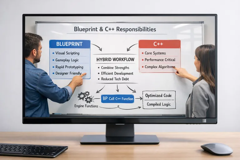 Hibrit geliştirme yaklaşımını anlatan bir beyaz tahtada akış diyagramı, görev dağılımı ve kalite kontrol adımları