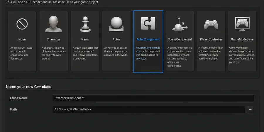 Unreal Engine Class Wizard New C++ Class Parent Class Actor Component seçili Name UInventoryComponent