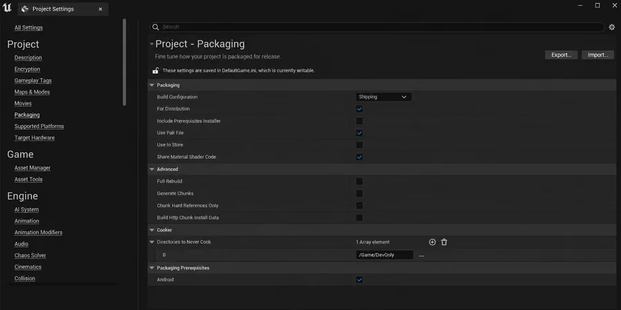Unreal Engine Project Settings Packaging paneli Build Configuration ve Cook ayarları