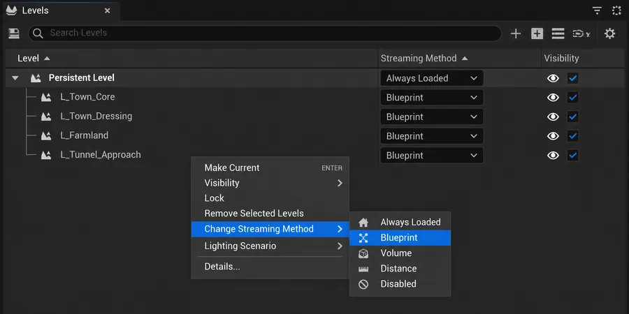 Unreal Engine Levels paneli sublevels alt seviye listesi Always Loaded Blueprint Streaming dropdown