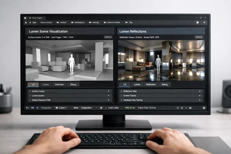 Lumen Scene debug görünümünde yüzey temsili ve yansıma katkılarının ayrıştığı teknik ekran düzeni
