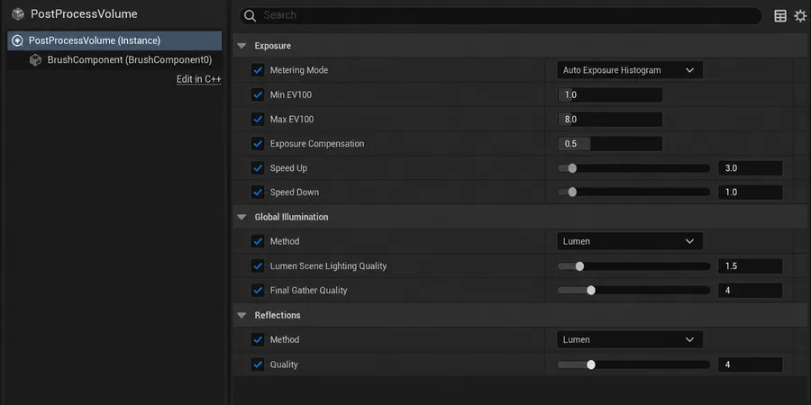Unreal Engine Post Process Volume detay paneli Exposure Min EV Max EV ve Lumen GI Quality slider