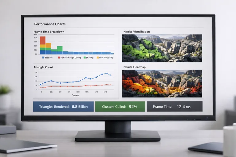 Nanite görselleştirmesiyle yoğun bölgelerin işaretlendiği ve ekipçe performans notlarının paylaşıldığı bir üretim toplantısı