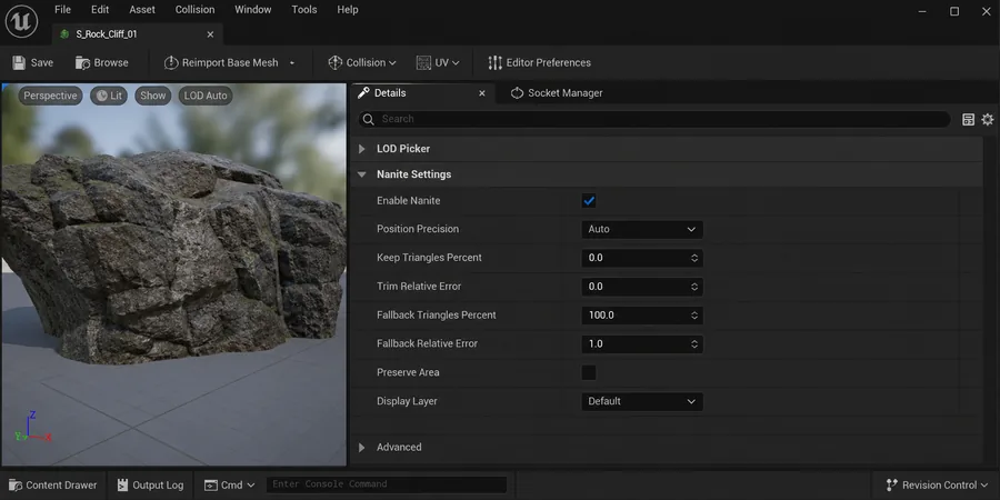 Static Mesh Editor Nanite Settings paneli Unreal Engine Static Mesh Editor Nanite Settings paneli Enable Nanite checkbox ve fallback değerler