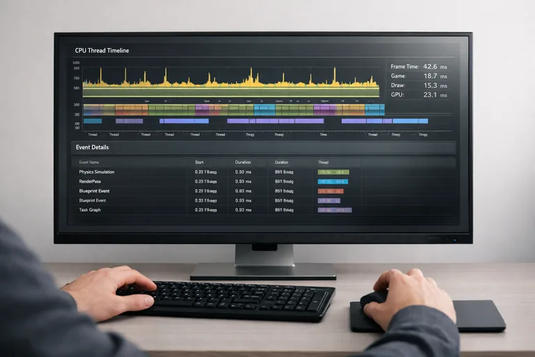 Frame spike anında Game Thread üzerinde uzun süren blueprint tick işlemlerinin belirginleşmesi