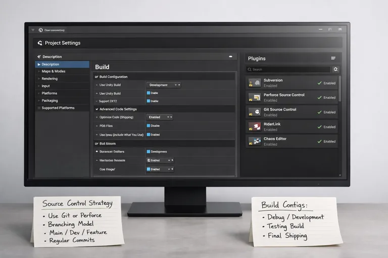 Bir geliştiricinin ekranında Unreal proje ayarları, plugin listesi ve sürüm kontrol stratejisi için notlar