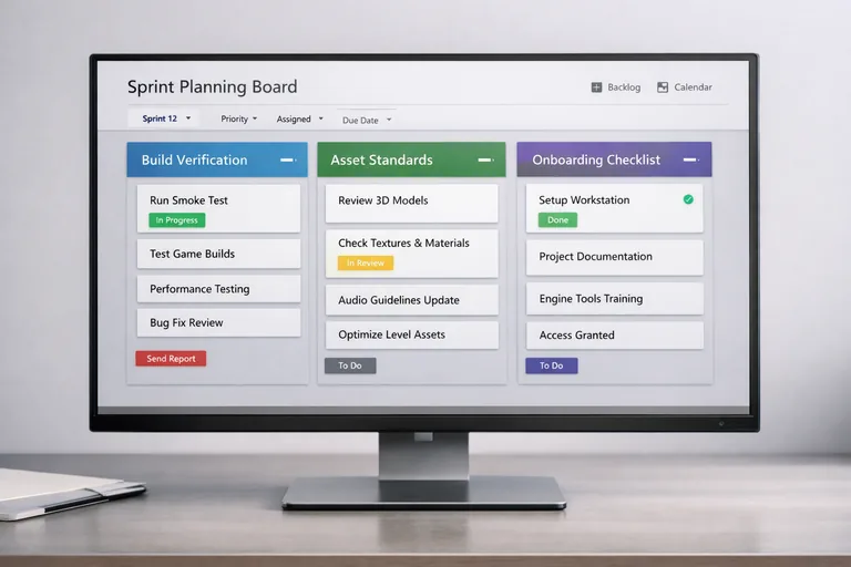 Bir sprint planlama ekranında build doğrulaması, asset standardı ve sürüm kontrol maddeleri işlenmiş görevler
