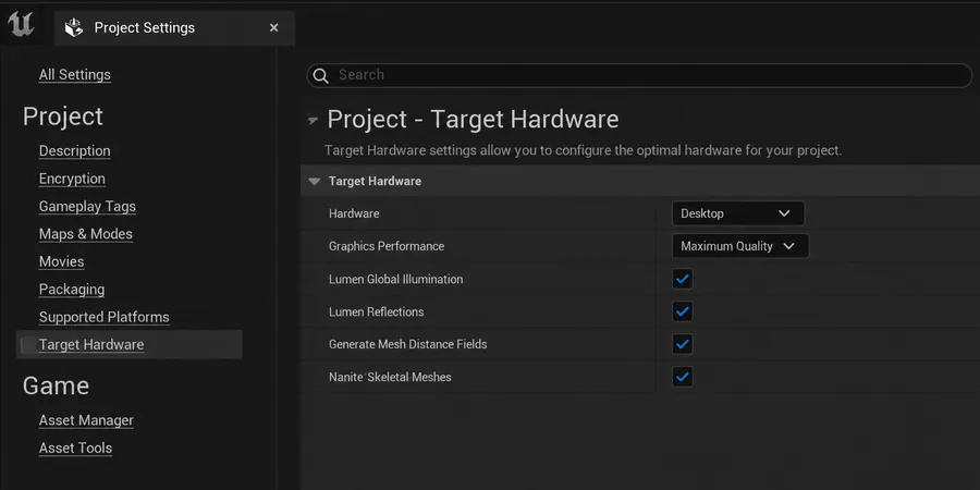Project Settings Target Hardware ve Lumen Nanite paneli Unreal Project Settings Target Hardware paneli Maximum Quality ile Lumen Nanite kutuları işaretli performans bütçesi ekranı