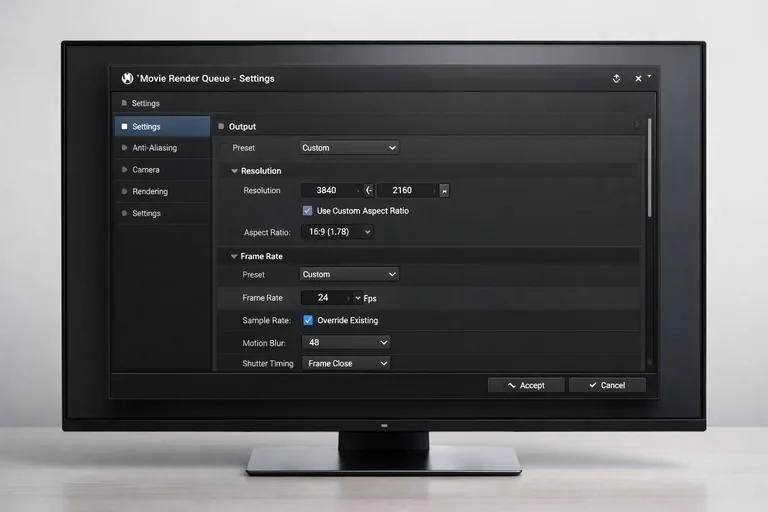 Movie Render Queue panelinde çözünürlük ve kare hızı ayarlarının yapılandırılması