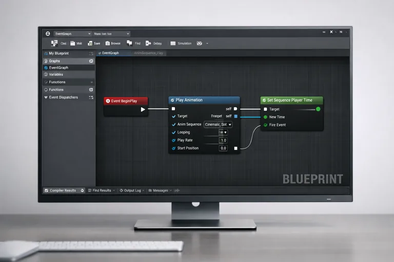 Blueprint event track kullanılarak animasyon tetikleme sürecinin gösterimi