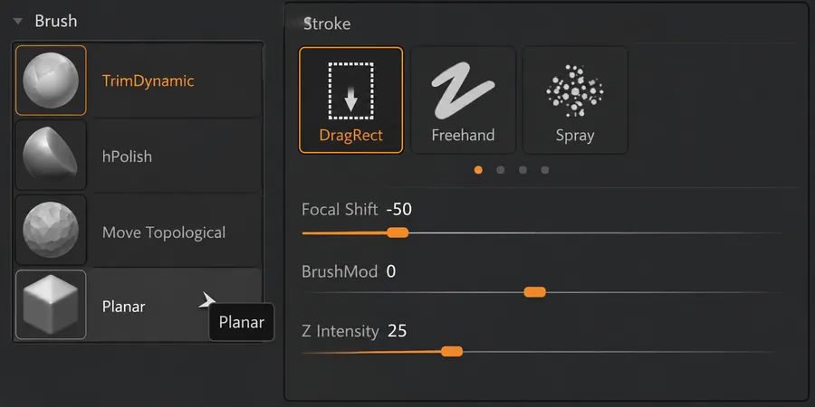 ZBrush Brush paleti TrimDynamic hPolish slider ayarları ZBrush Brush palette TrimDynamic hPolish Move Topological aktif fırça satırları yanında Stroke Falloff ve Focal Shift slider değerleri