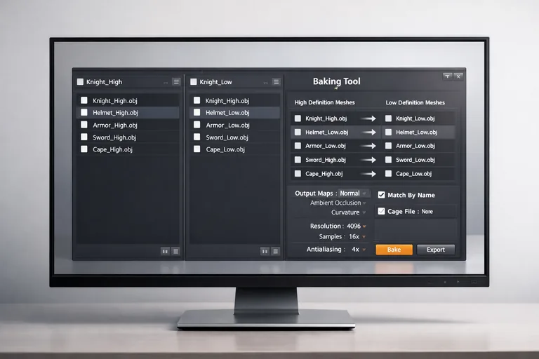 Bake için hazırlanmış high ve low parçaların isim bazlı eşleşmesini gösteren düzenli dosya yapısı ve export listesi