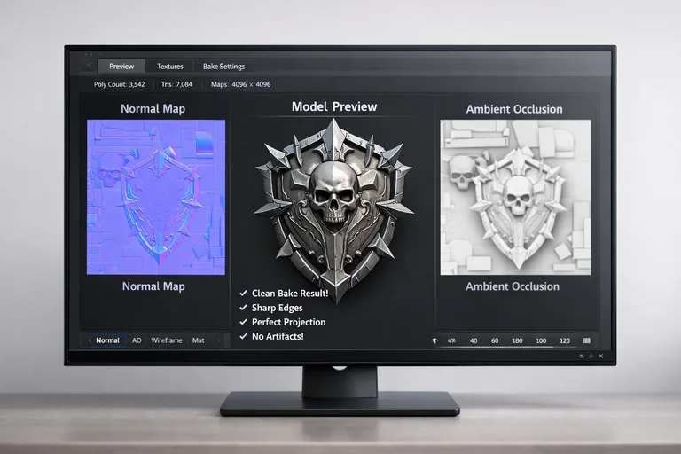 Normal ve ambient occlusion haritalarında taşma kontrolü yapılan, kenar bevel okuması temiz bir bake sonucu incelemesi