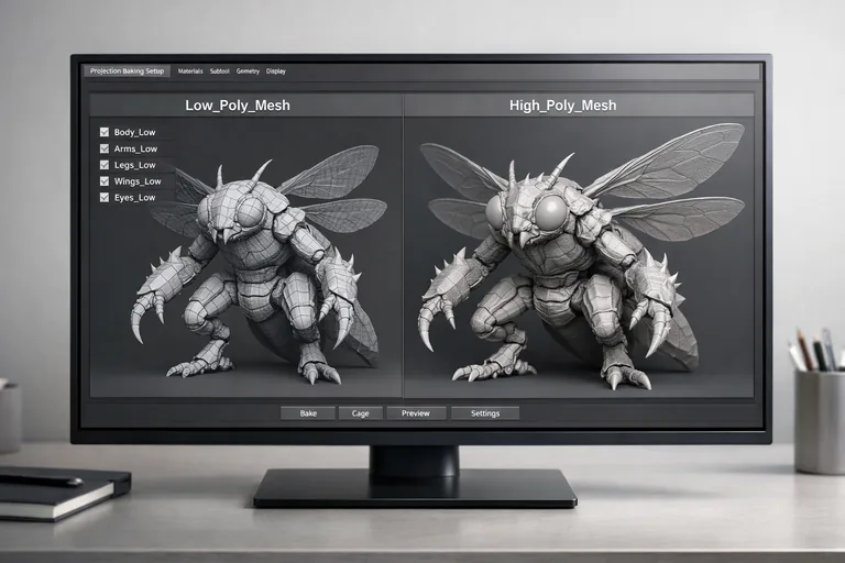 Low ve high mesh eşleşmesini gösteren sahnede isimlendirme düzeni ve export öncesi kontrol adımlarının işaretlenmesi