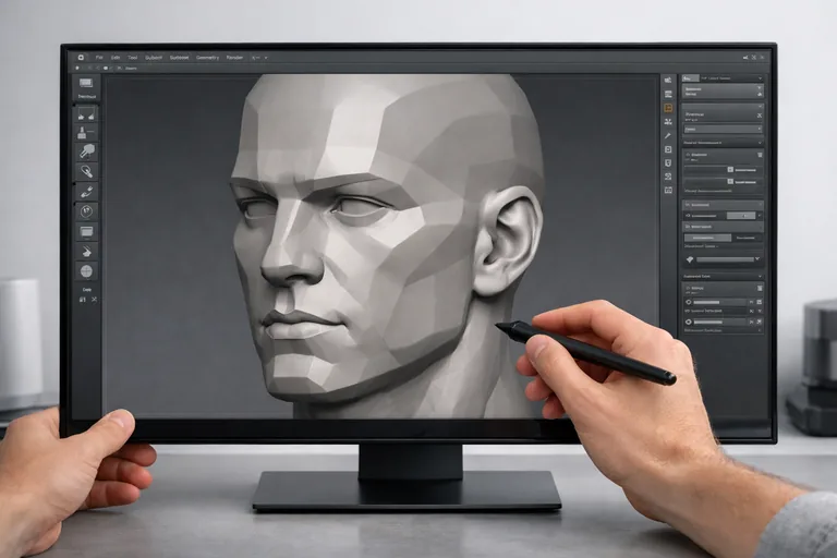 Farklı açılardan kontrol edilen karakter büstünde, alın-elmacık-kemik geçişleri ve net plan değişimleriyle ritim kurulması