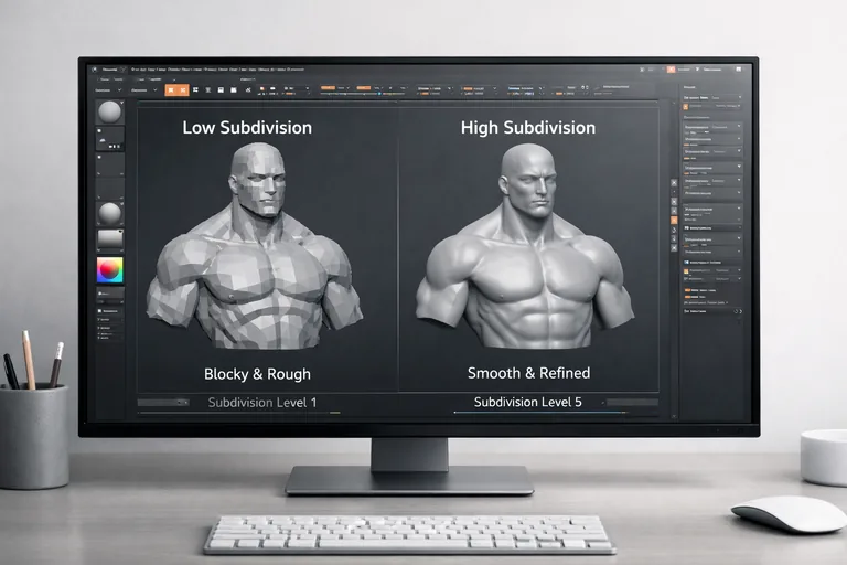 Subdivision seviyeleri karşılaştırılan bir çalışma ekranında, düşük seviyede bloklanan formun üst seviyede temiz detay hiyerarşisiyle korunması