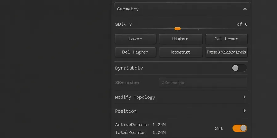ZBrush Tool Geometry palette üzerinde SDiv 3 of 6 slider, Lower Higher Del Reconstruct Freeze SubDivision Levels satırlarının gösterildiği subdivision yönetim paneli